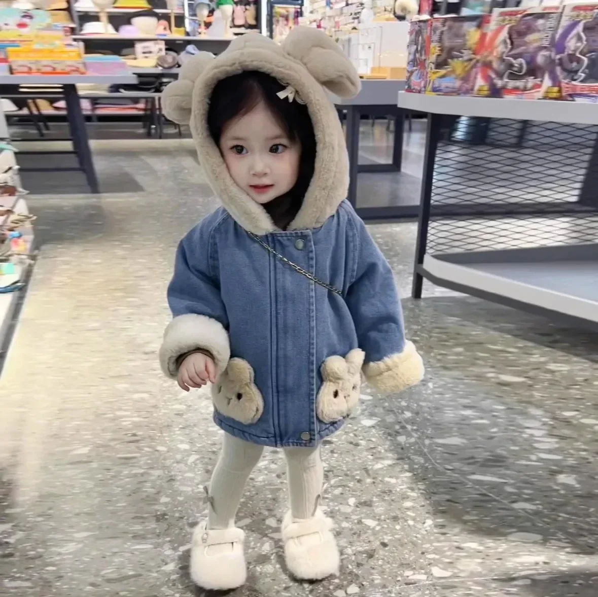 

Флисовая утепленная джинсовая куртка для девочек, осенне-зимняя детская зимняя хлопковая куртка в иностранном стиле для маленьких девочек с ушками, пальто Tide