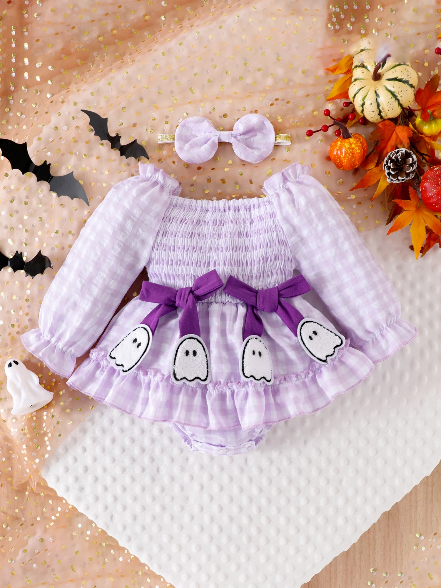 Halloween-Stramplerkleid für Babys und Mädchen mit Schleife und Stirnband, langärmelig, karierter Druck, elastischer Ausschnitt – Detail 10