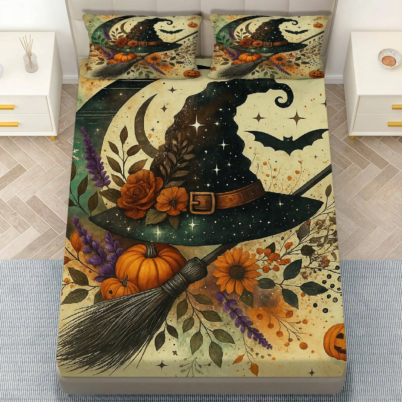 Three-Piece Witch, Pumpkin, and Moon Bed Sheet Set (1 Fitted Sheet + 2 Pillowcases, No Inserts), Halloween Theme, Spooky Decoration, Bedroom and Living Room Bedding Set, Soft and Breathable Mattress Protector, _Holiday Decoration, Ghost Bedroom, Themed Bedding, Moon Print, Soft