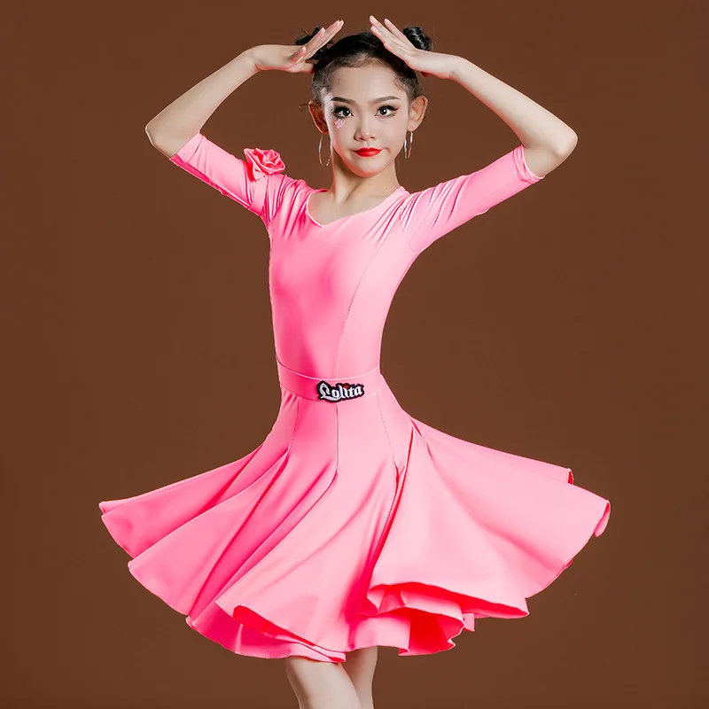 

Customized Kid Professional Girls Rules Competition Performance Clothes Latin Dance Dress Short Sleeve Jumpsuit Top and Skirt