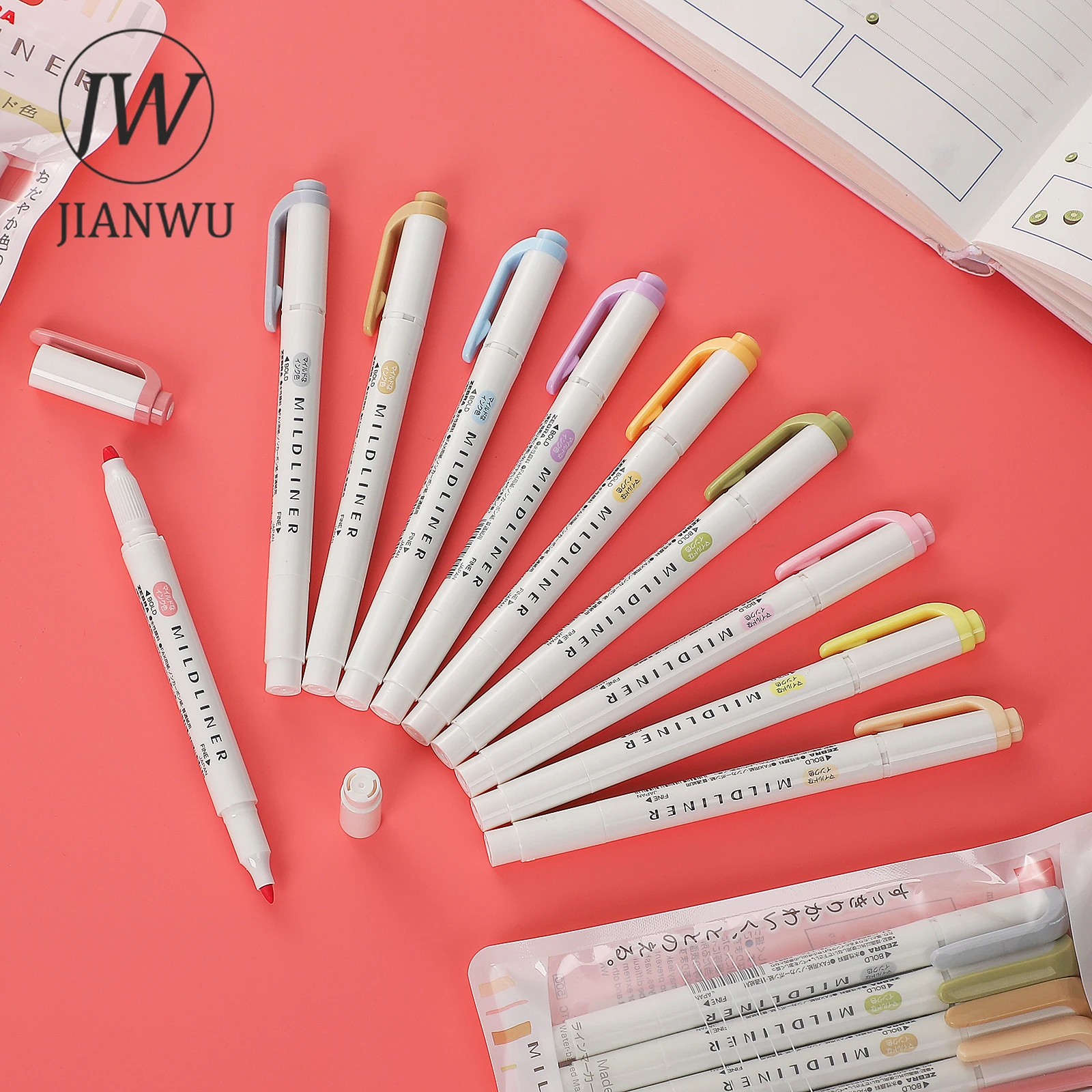 JIANWU 5Pcs/Set Mildliner Double-ended Highlighters Cute Soft Oblique Head Student Writing Marker Pen Kawaii Stationery Supplies