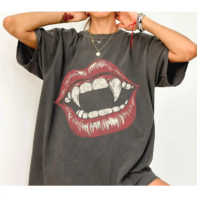 Vampire Fangs Lips Shirt, Gothic Kiss Tee, Spooky Season Shirt, Halloween Women’s T-Shirt