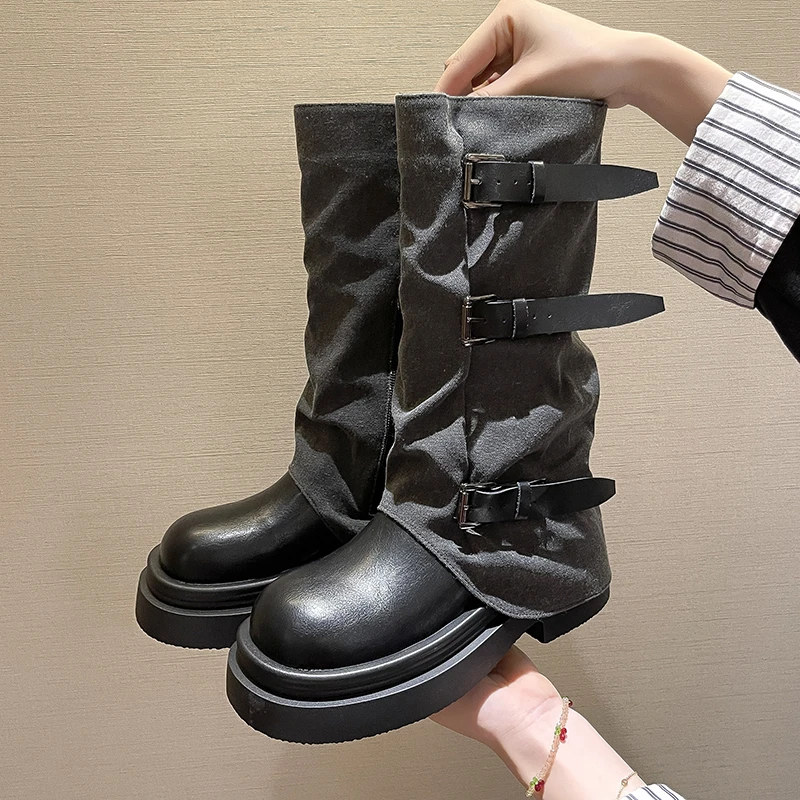 

Модные ботинки средней длины с пряжкой на ремне, кожаные ботинки с круглым носком и боковой молнией на платформе, нескользящие износостойкие туфли на квадратном каблуке