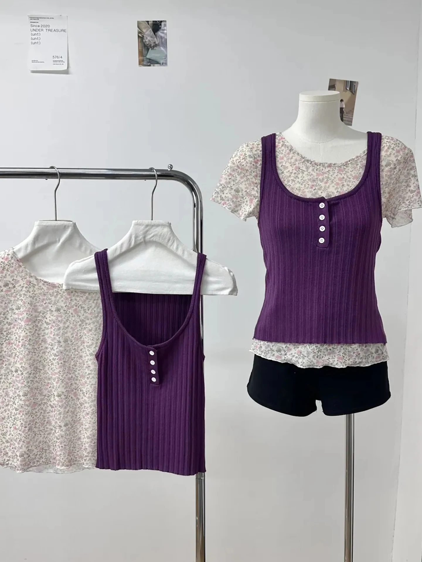 

Korean Style Unique Purple Strappy Vest And Floral Short Sleeve Top Women's Summer Fashion Two-Piece Set High Elasticity Shor...