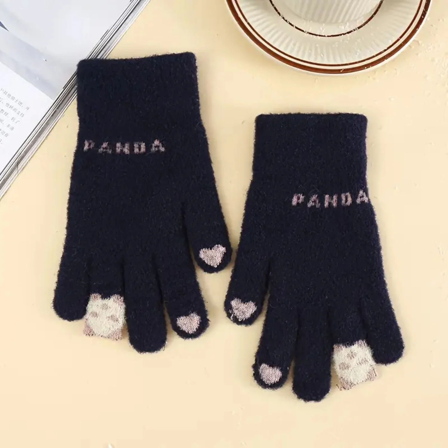 

Love Panda Knitted Gloves - Womens Fashion Cute Solid Color Warm Accessories Liner brushes for nails Nail buffer block Nail care