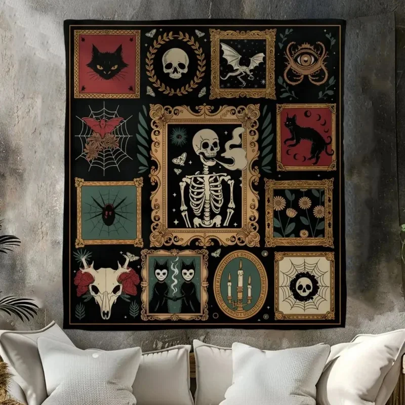 VIKAMA Gothic Skeleton Black Cat Tapestry, Vintage Witchy Frame Spider Bat Wall Hanging, Dark Halloween Room Decor