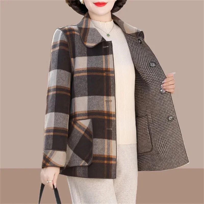 

Plaid Woolen Coat Women's Mid-Length 2021 Winter New Style Over-The-Knee Double-Breasted Large Pockets Loose Coat Jacket Ladies