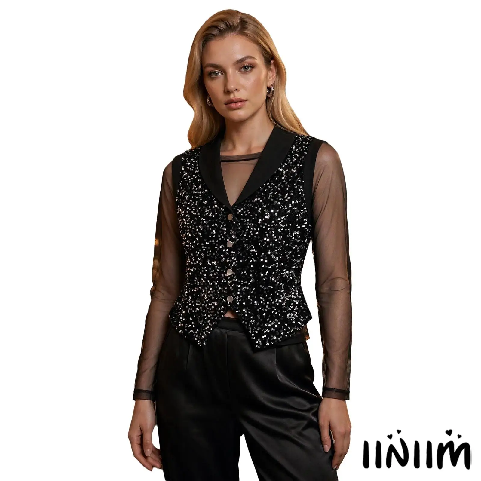 Women Party Suit Long Sleeve Sheer Mesh Top with Lapel Collar Sleeveless Asymmetrical Hem Button Sequin Vest for Casual Wear