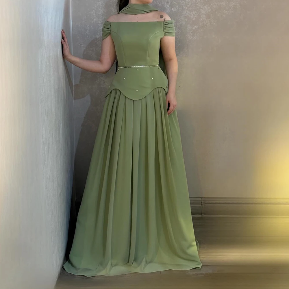 

Customized A-line Evening Dresses Floor-length Off The Shoulder Sleeveless Prom Gown Fashion Crystal Stole Draped Party Gown