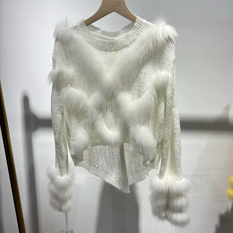 2025 حار بيع تصميم خاص الأبيض رقيقة الفراء محبوك معطف الفتاة الفاخرة ضئيلة ريال فوكس الفراء سترة ارتداء