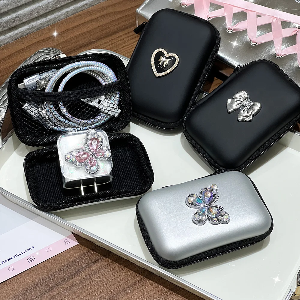 ブリンブリングリッターバタフライ収納バッグデータケーブル充電器ジッパーバッグ旅行用ポータブル化粧品ジュエリー収納保護ケース