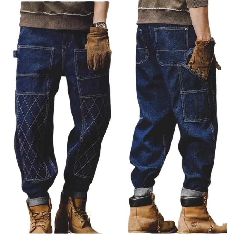 Retro Workwear Jeans For Men Loose Knee Open Stitching Men's Straight Leg Woodcutter's Work Pants