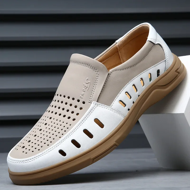 Cowhide leather shoes perforated casual wear-resistant breathable anti slip Genuine leather soft men's sandals Male sneakers