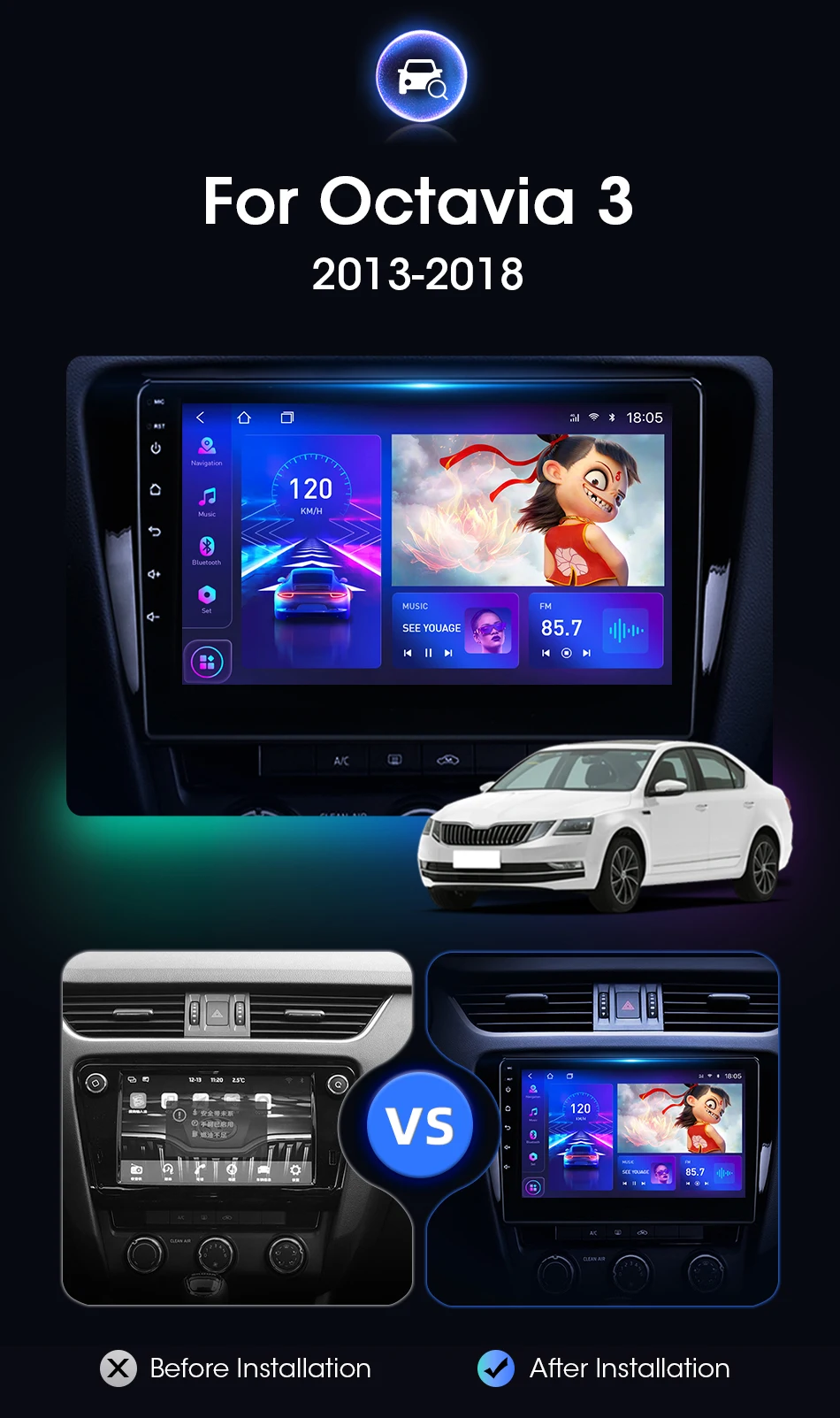 Carplay Multimedia Vedio Player 2 Din Car Radio Android Auto GPS Navigation Subwoofer Autoradio For Skoda Octavia 3 A7 2013-2018