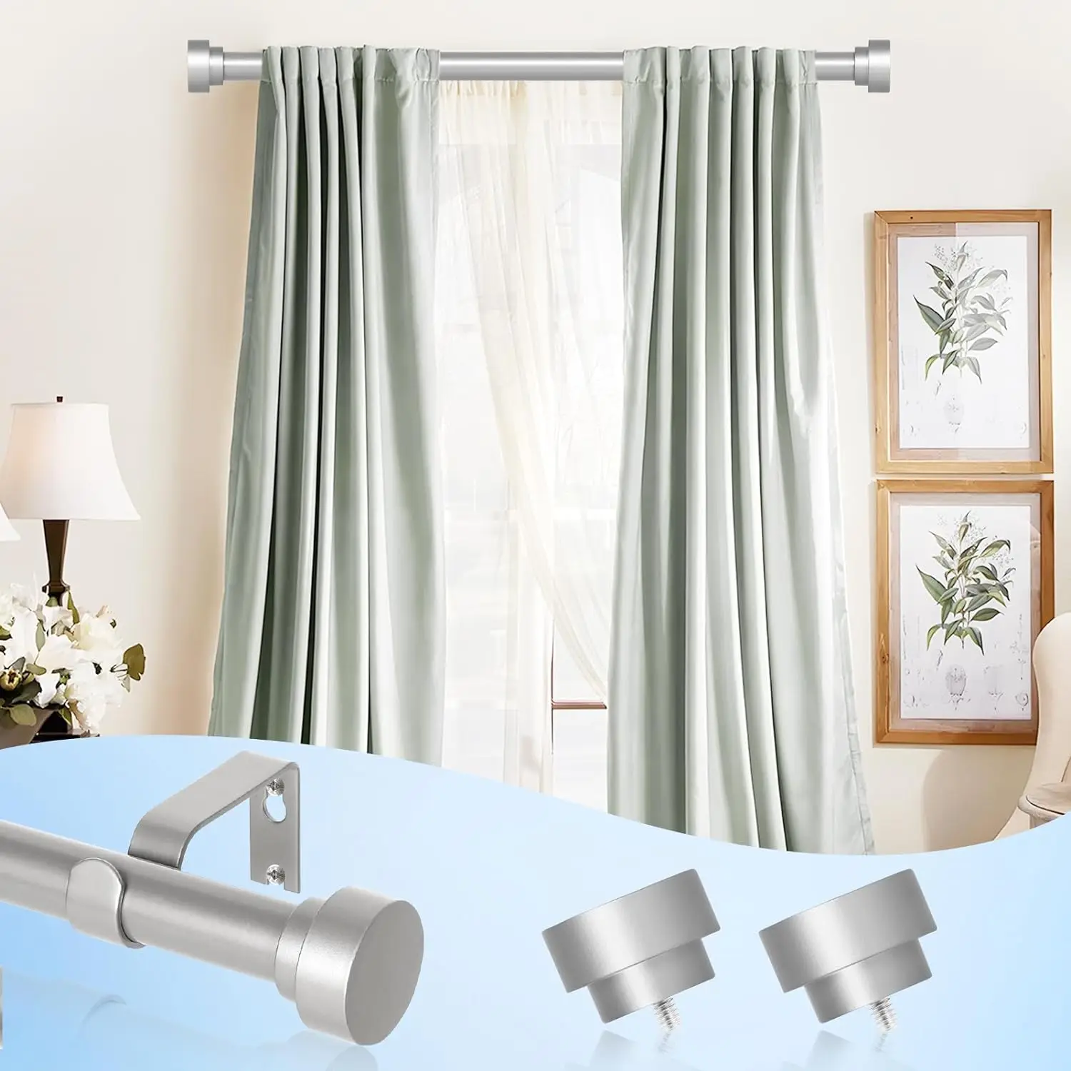 One Set of silver atmospheric American style curtain rod，1‘’Diameter Heavy Duty Curtain Rods,Telescopic Window Curtains Rods.