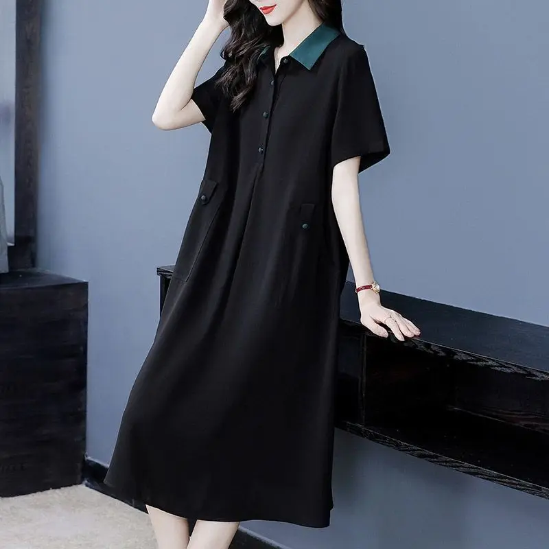 Plus Size Womens Summer Dress Contrast Collar Short Sleeve A Line Loose Casual Midi Dress For Ladies