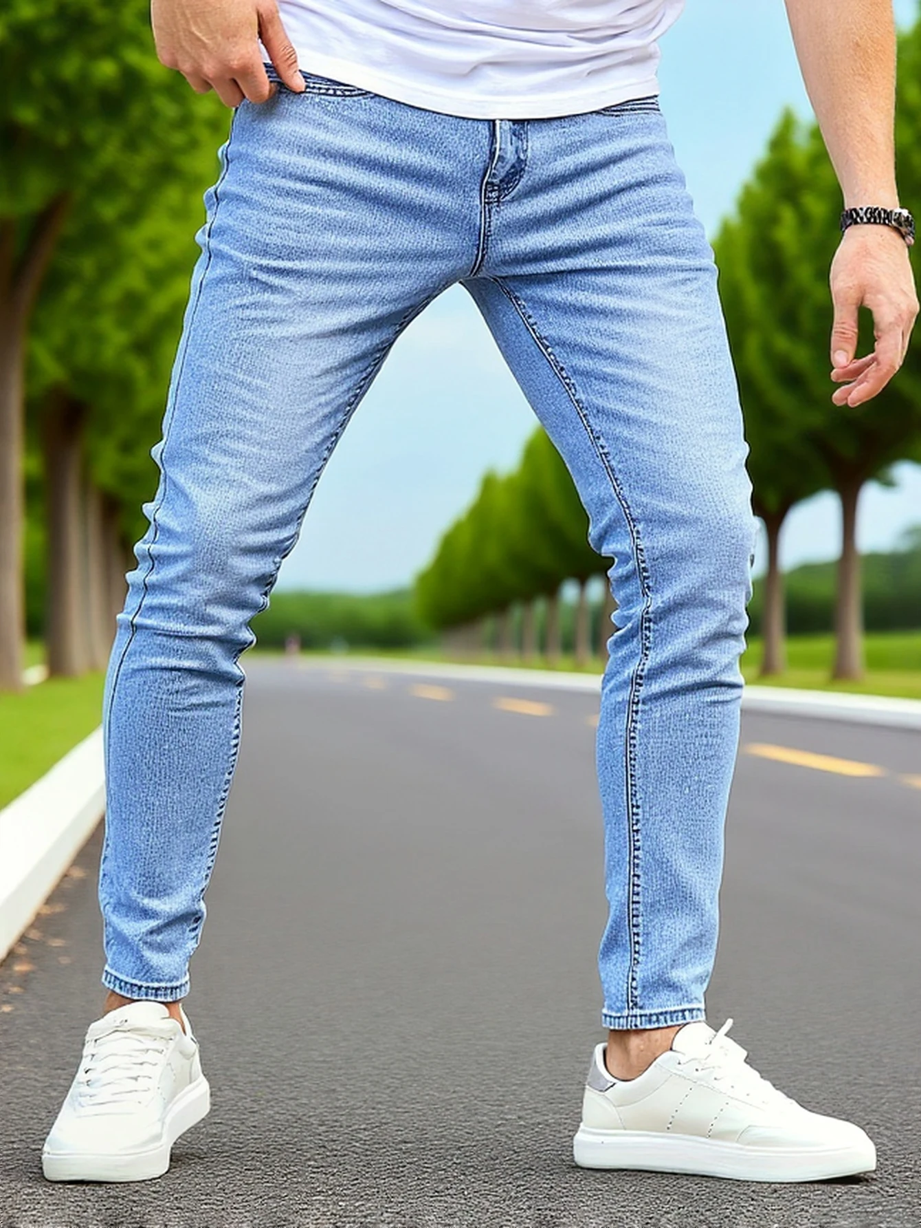 

Мужские светло-голубые джинсы приталенного кроя, простые и универсальные, контур формы тела, легкая создание повседневного и модного стиля.