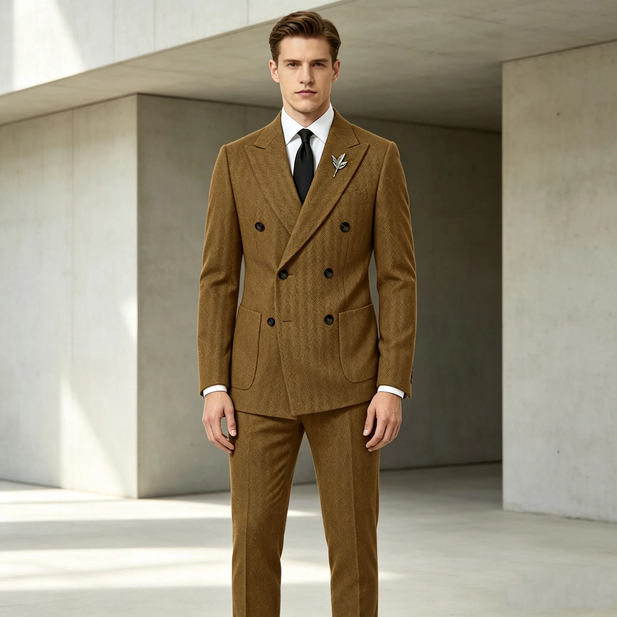 Vintage Men's Herringbone Tweed 2 Pieces Suit Double Breasted Peak Lapel Blazer Pants Formal Set Business Casual Wedding Party