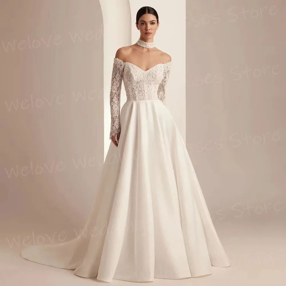 

Elegant A Line Women's Wedding Dresses Lace Appliques Robe De Mariée Customized Off The Shoulder Bride Gowns Vestido De Novia