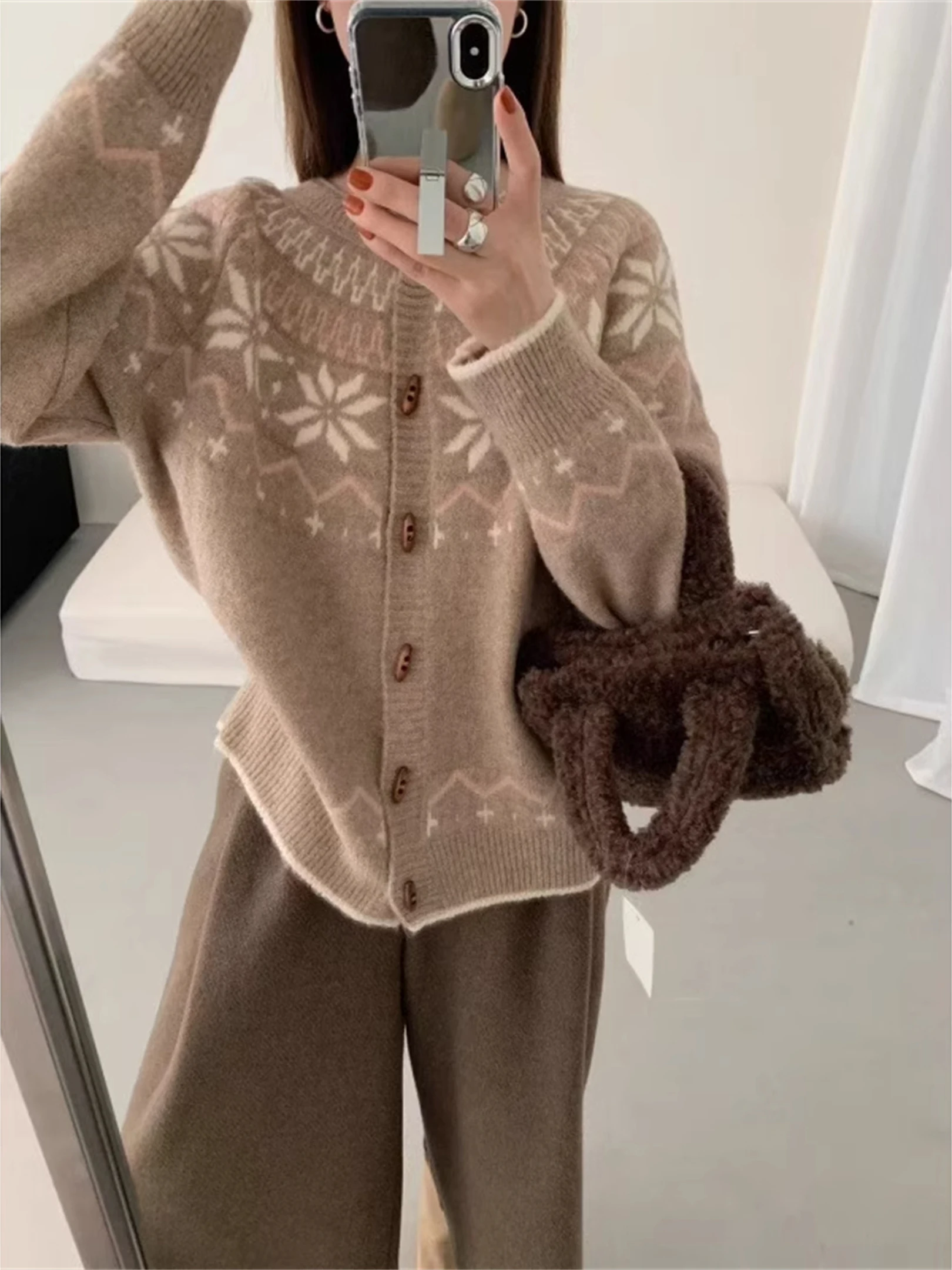 Women's Loose Fitting Belly Covering Sweater Outerwear Retro Embroidery Korean Sle plus Size Knitted round Open Cardigan