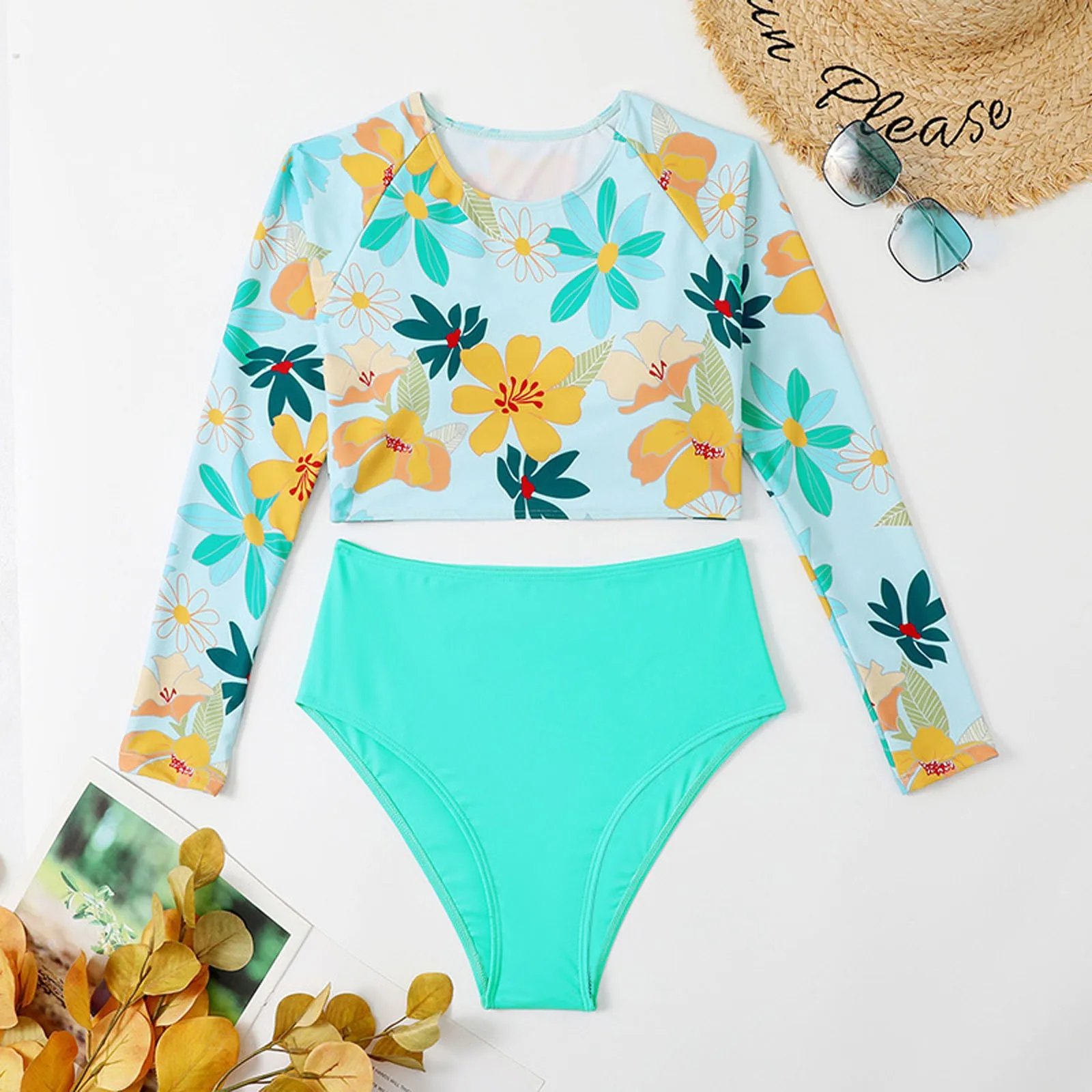 Beach Swim Outfits Ladies Summer Sexy Split Sunscreen Print Bikini Surf Swimwear Long Sleeve Floral Print Crop Top With Briefs