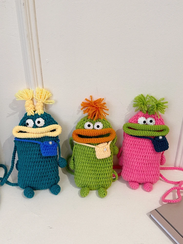 Cute Small Crossbody Bag Knitted Sausage Mouth Large Mouth Mobile Phone Bag Finished Product Soft Cotton  Korean Style