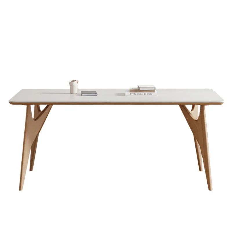 Cream style solid wood rock slab dining table, ash wood log color modern simple household rectangular dining table and chairs