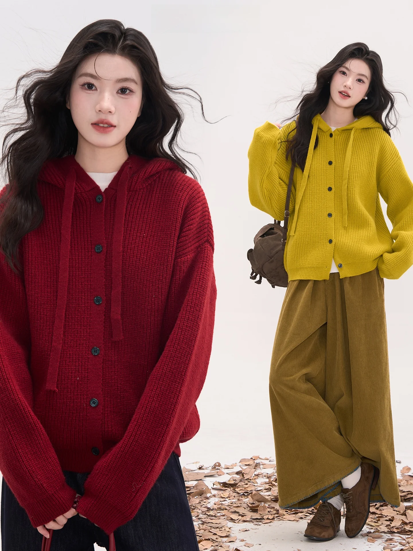 

Корейский вязаный свитер с капюшоном однотонного цвета для женщин, зимняя верхняя одежда, вязаный трикотаж с узорами Heme Oak Tree Language Floral Field Window