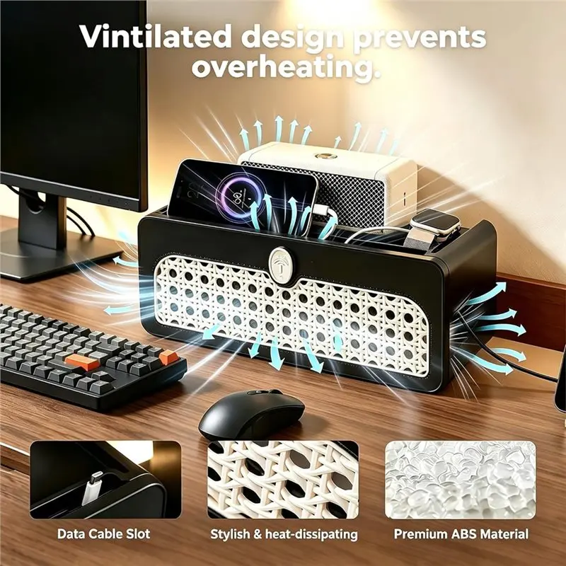 Well Made-Faux Rattan Cable Management Box Black Decorative Power Strip Cover