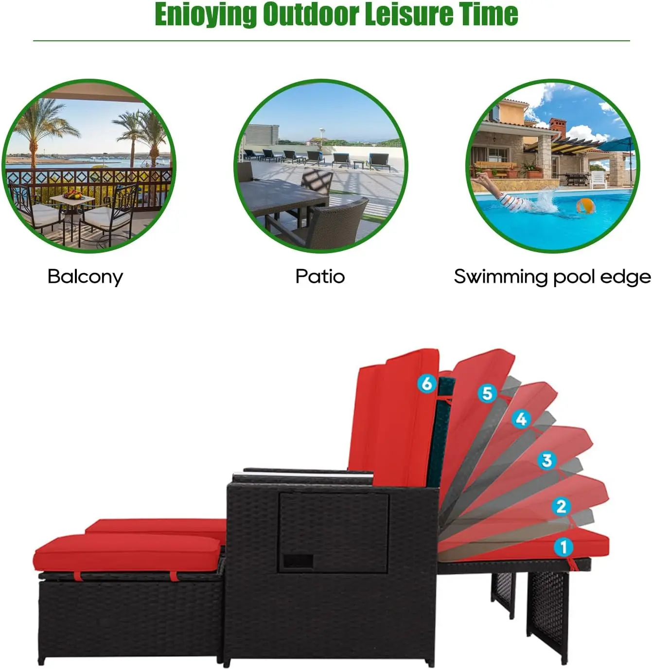 Patio Wicker Loveseat - Outdoor Rattan Sofa Set with Cushion-Adjustable Lounge Chair ，Wicker Furniture for Garden, Patio,Balcony