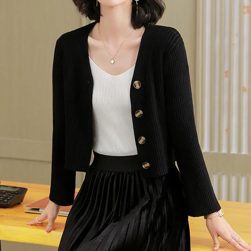 Women's Monochromatic V-Neck Long Sleeve Knitwear, Elegant Slim Tops, Casual Clothes, Office Lady, Simplicity, Autumn Fashion