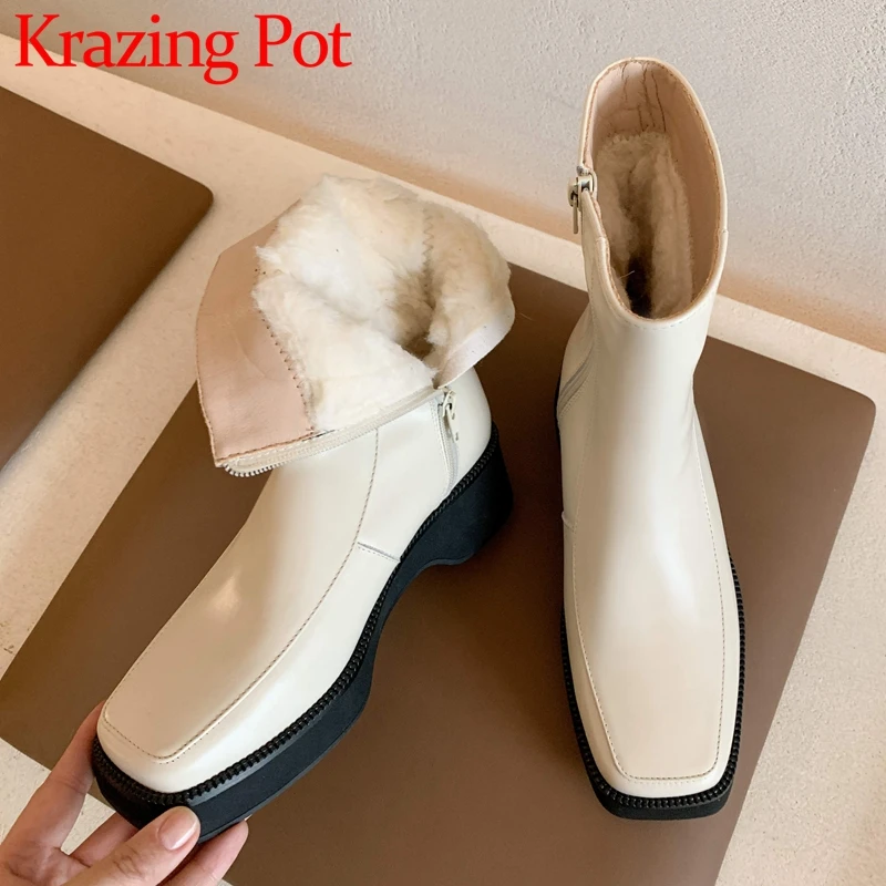 Krazing Pot Genuine Leather Square Toe Med Heels Snow Boots Keep Warm Fur Winter Sewing Thread Retro Fashion Zipper Ankle Boots