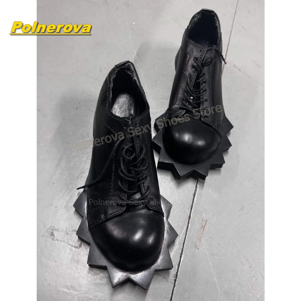 Gothic Creative Black lace up Shoes Special Gear Shaped Platform Sole Round Toe Low Heel Statement Shoes for Stage street style