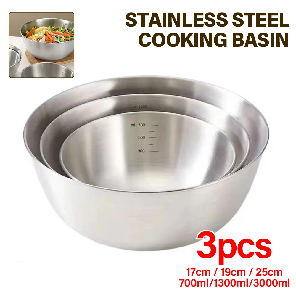 3Pc Stainless Steel Mixing Bowls for Baking Cooking Salad Food Easy-Grip Large Medium Small Metal Nesting Bowls for Home Kitchen