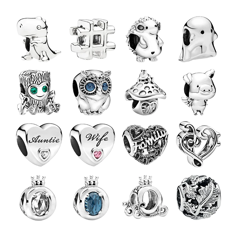 Silver 925 Beads For Bracelets Women DIY Dino Nino Boo Tree Monster OwlFrog Oig Auntie Wife Family Love Heart Crown Leaf Charms