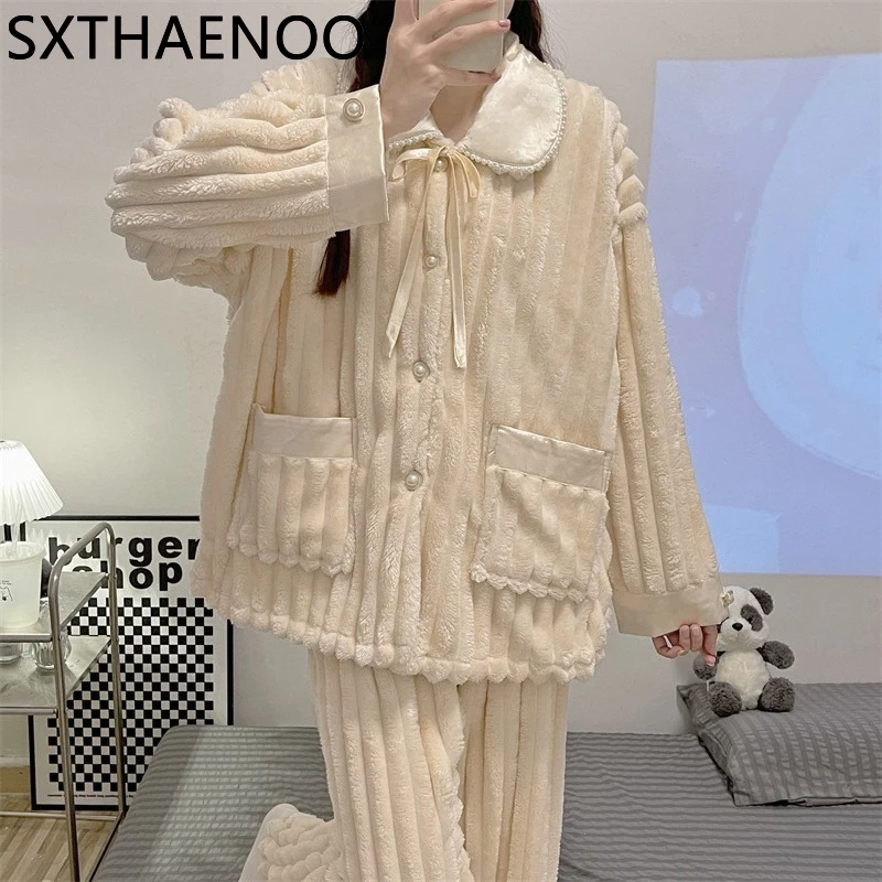 SXTHAENOO Winter Keep Warm Women's white Leisure Wear Elegant Fairy Style Nightwear Thicken Flannel Top Trousers Two-piece Set