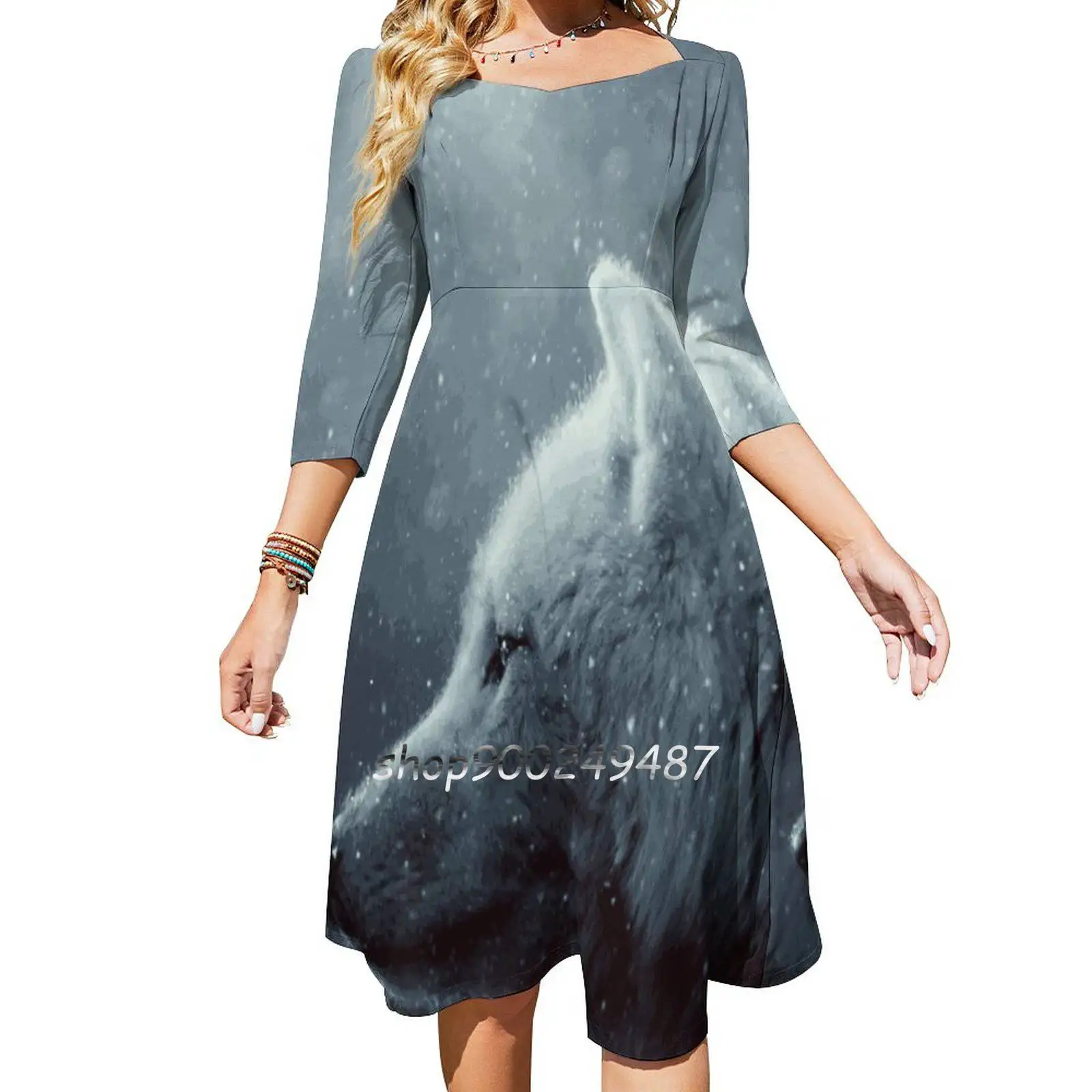 Wolf Flare Dress Square Neck Dress Elegant Female Fashion Printed Dress Wolf Abstarct Dark Dark Art Fineart Photomanpultaion