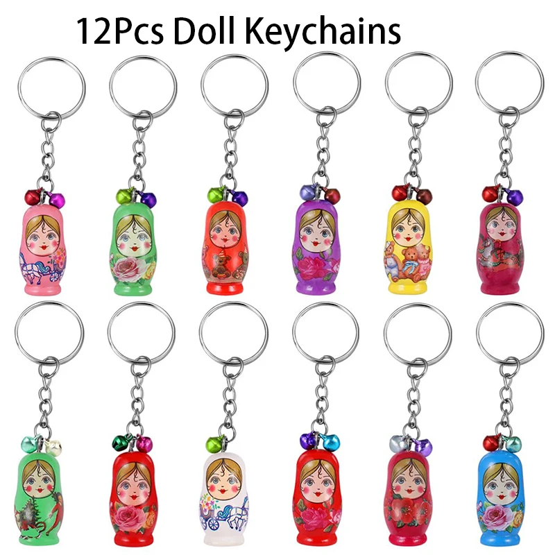 12Pcs Wooden Russian Doll Keychain Cute 3D Doll Pendant Children's Toy Souvenir Gift car Keychain Wholesale