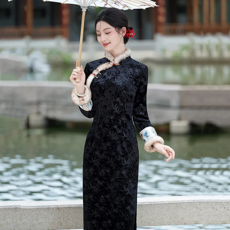 

Черная плотная зимняя одежда, Cheongsam с длинными рукавами в китайском стиле, новинка 2025, осеннее платье Ципао в стиле ретро для молодых женщин