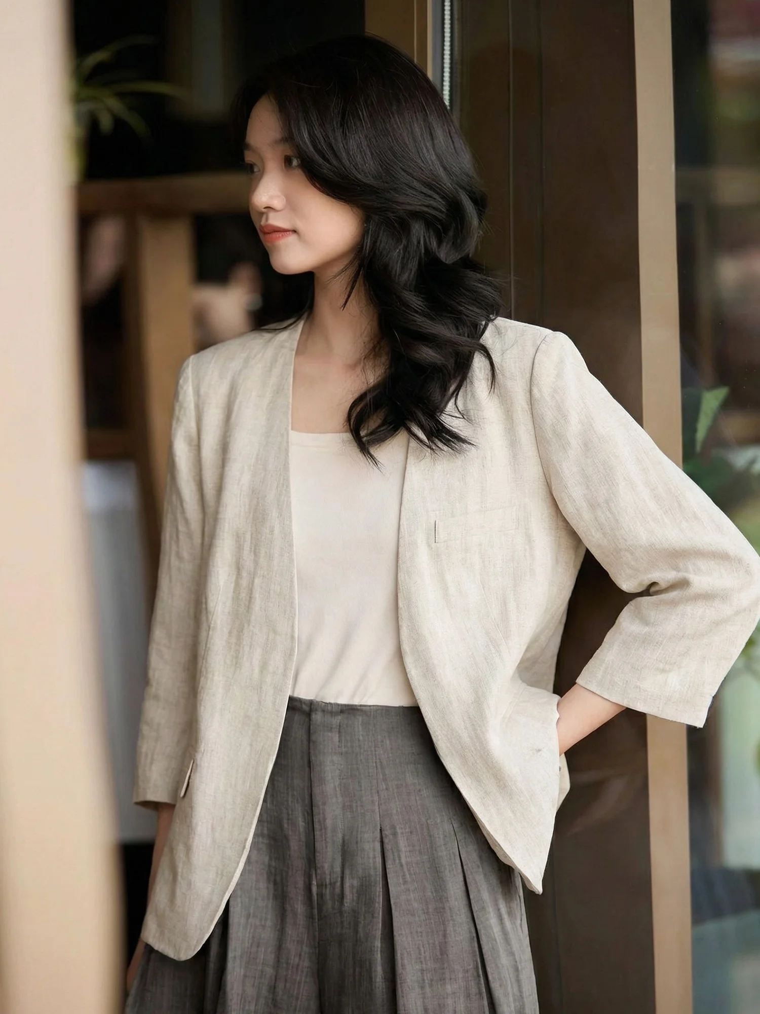 

Chivirin Linen Suit Jaet Women's V-ne ort Slim-fit Faionable Spring Commute Sle Five-quarter Sve Clean Cut