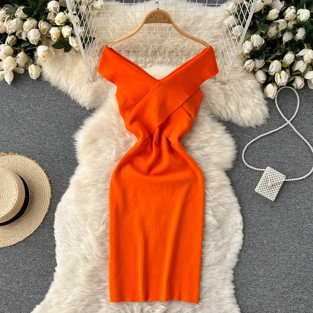 

Sexy Knitted Dress Women Korean Style Sleeveless Dresses Solid Color 2022 New Summer High Waist V Neck Female Vestidos