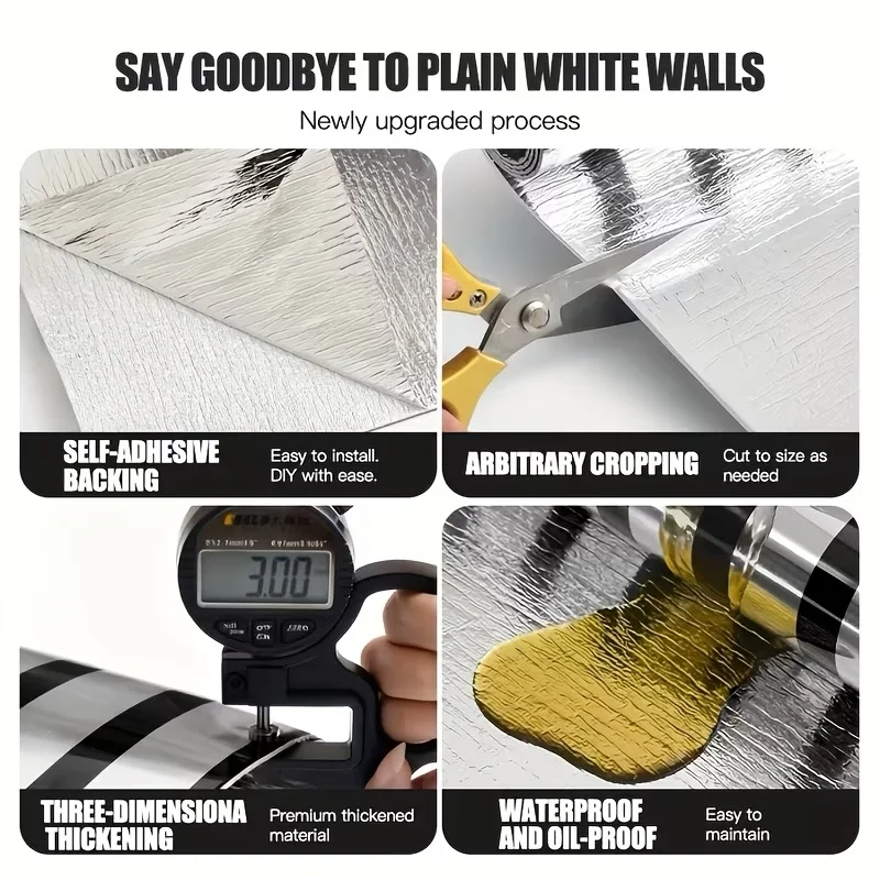Luxury Hot Stamping Grille Stripe Self-adhesive Wallpaper, Suitable for All Seasons, Peel and Stick, DIY Removable, Gold, Silver