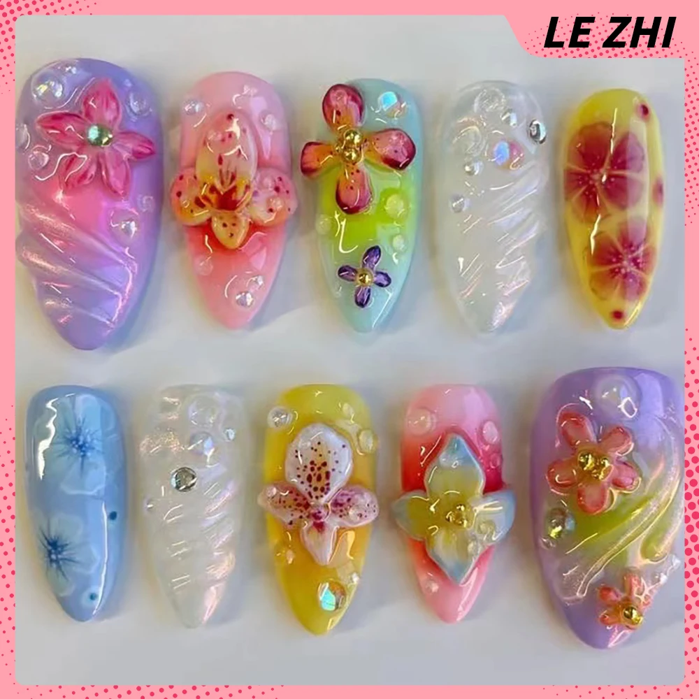 

Glitter Color 3D Lily Flower Gel Press On Nails Party Sticker Handwork Medium Almond Summer Romance Fake Nails Party Sticker