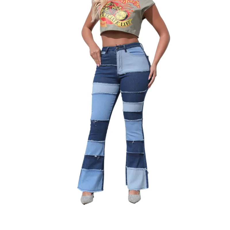 

American Fashion New Retro Multi-color Washed Contrasting High Waisted Lifted Buttocks Spicy Girl Micro Flared Denim Pants