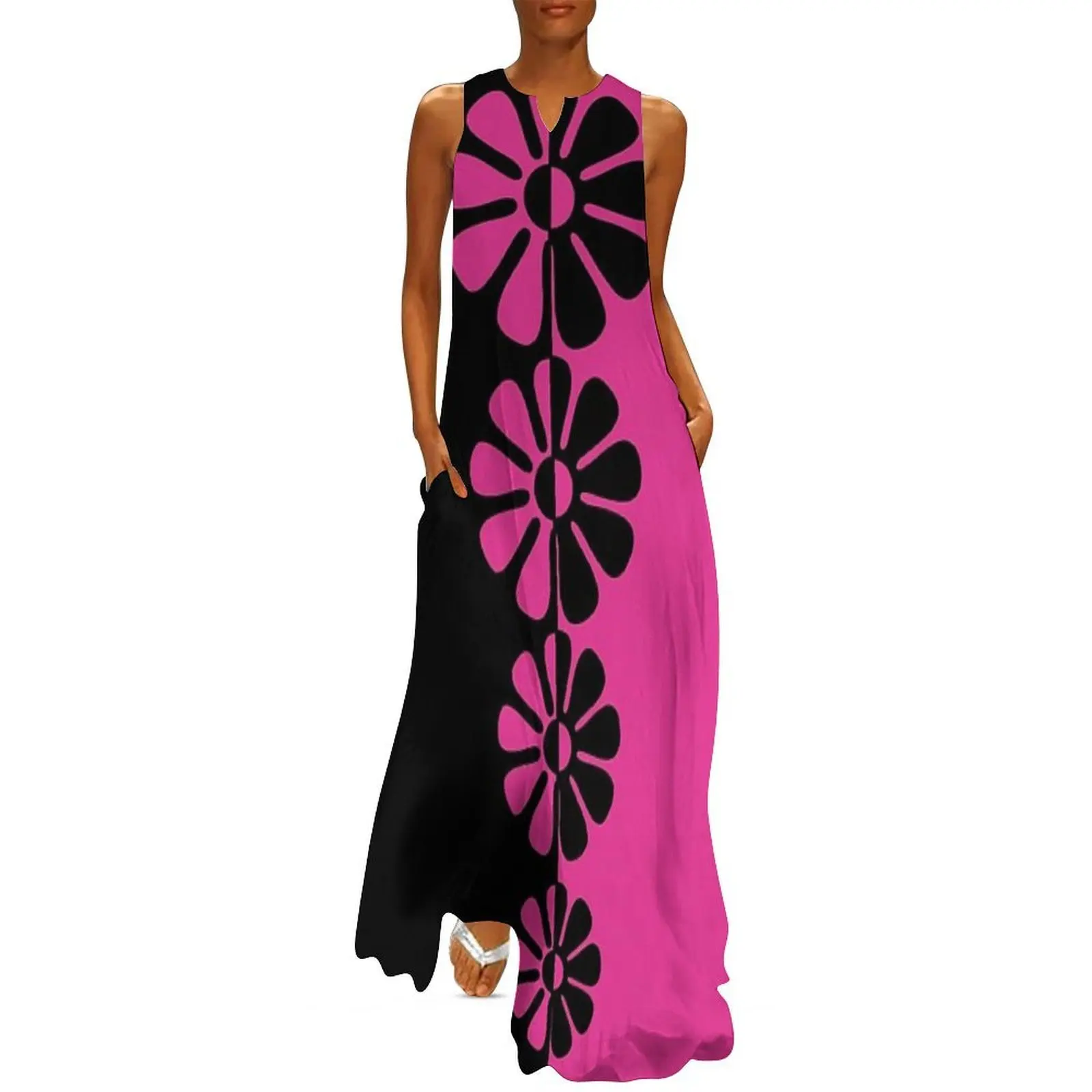 

1960's Bold Retro Mod Flowers in Pink and Black Long Dress sensual sexy dress for women