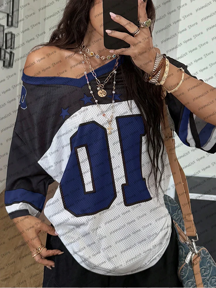 

Женская футболка большого размера с v-образным вырезом и коротким рукавом, летняя уличная одежда с принтом «три звезда 10, топы, повседневная футбольная майка, футболка Y2k