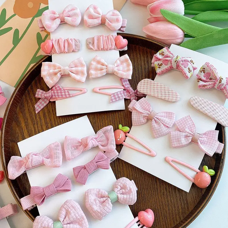 8PC New Cute Pink Color Basic Snap Clips Baby Plaid Bowknot Hair Drop Clips Lace Hairpins Kid Girls Flower Hairpins BB Barrettes