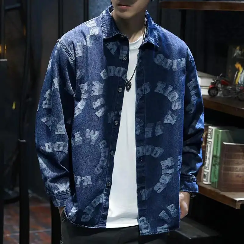 2023 Autumn and Winter Men\'s Vintage Flower Shirt Coat Denim Bird Checker Loose Fashion Blue Long Sleeve Polo Neck Shirt