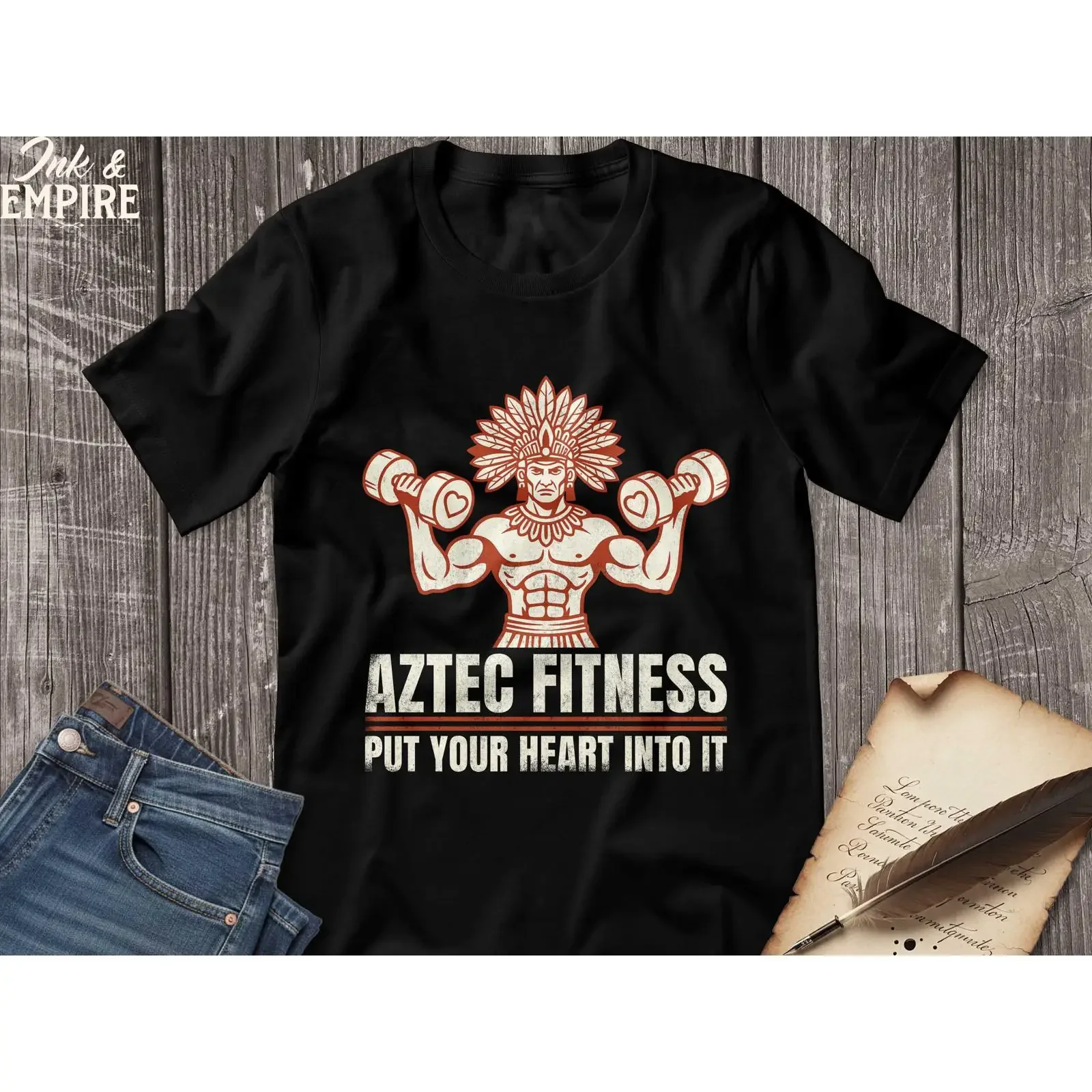 Aztec Fitness T Shirt Funny History Gym Meme Put Your Heart Into It vintage Washed graphic Versatile Casual Breathable Slightly