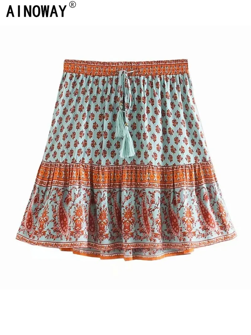 Vintage Chic Happie Women Floral Print Beach Bohemian Skirt Elastic High Waist Rayon Cotton A-Line Boho Mini Skirts Femme